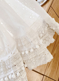 Boho Pom-pom Hem Embroidered Pure Cotton Midi Skirt in White