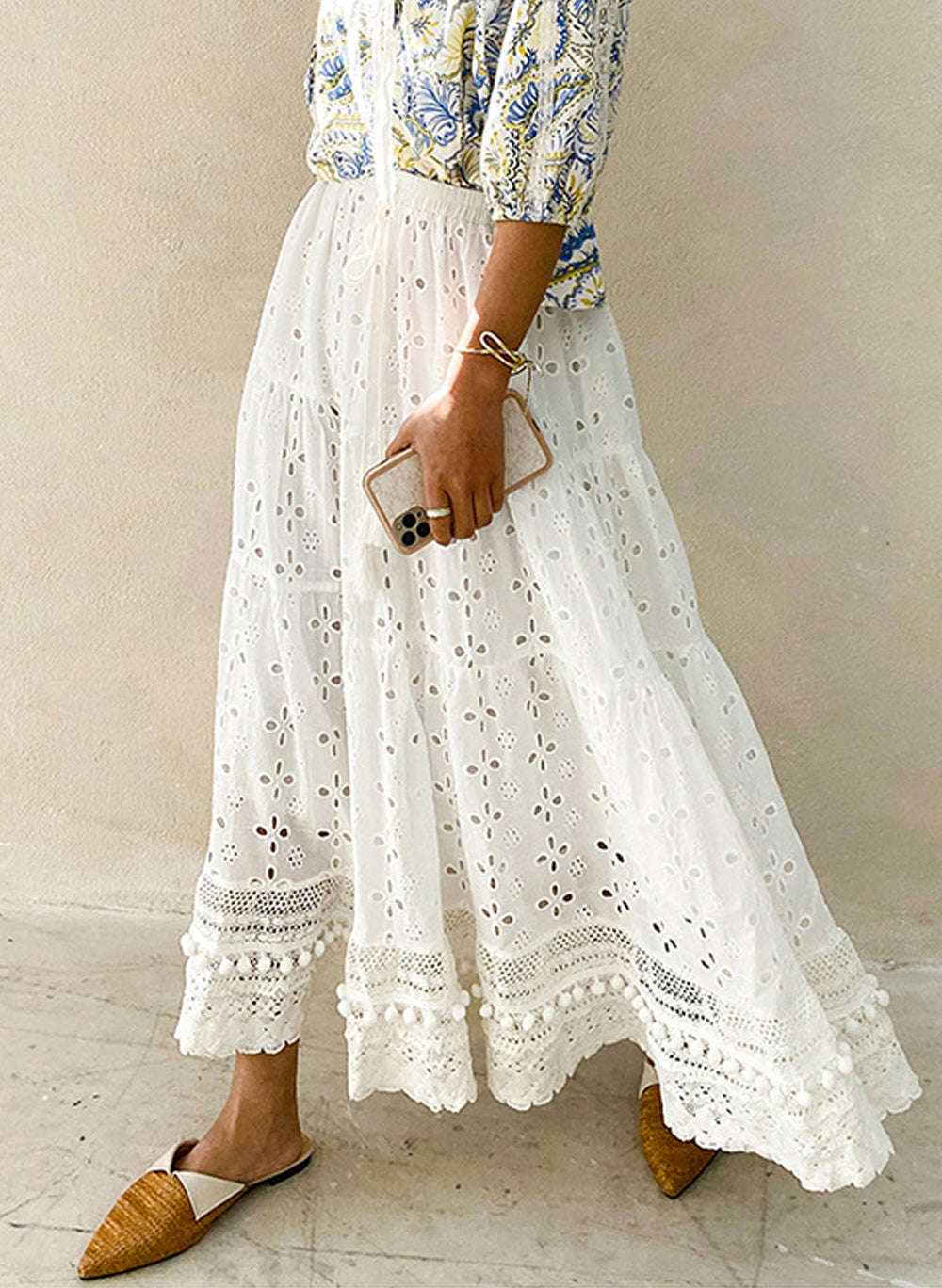 Boho Pom-pom Hem Embroidered Pure Cotton Midi Skirt in White