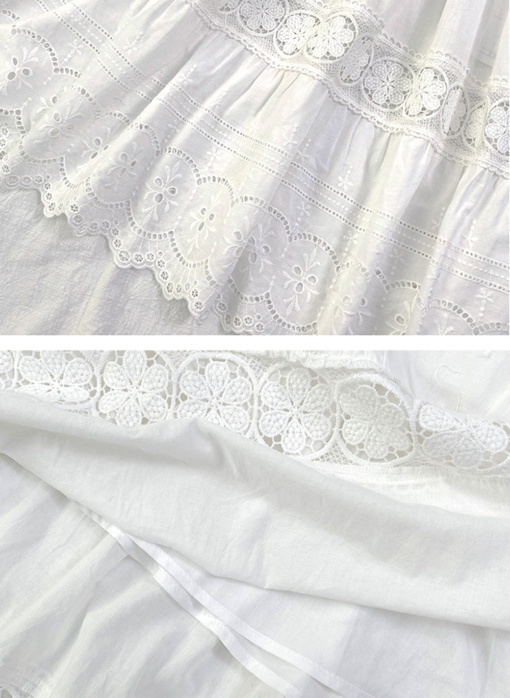 Elastic Waist Embroidered Eyelet Cotton Tiered Skirt in White