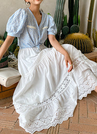 Elastic Waist Embroidered Eyelet Cotton Tiered Skirt in White