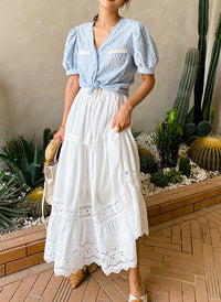 Elastic Waist Embroidered Eyelet Cotton Tiered Skirt in White