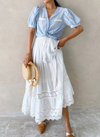 Elastic Waist Embroidered Eyelet Cotton Tiered Skirt in White