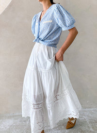 Elastic Waist Embroidered Eyelet Cotton Tiered Skirt in White