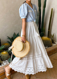 Elastic Waist Embroidered Eyelet Cotton Tiered Skirt in White