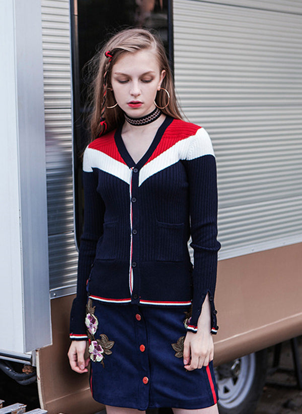 Long Sleeve Button Front Colour-block Sporty Cardigan