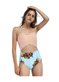 Halter Cut Out One Piece Monokini in Clementine/Striped