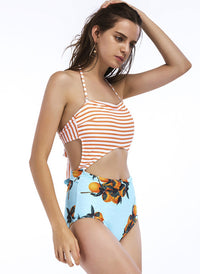 Halter Cut Out One Piece Monokini in Clementine/Striped