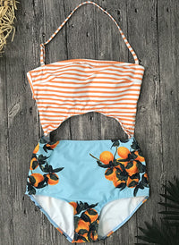 Halter Cut Out One Piece Monokini in Clementine/Striped