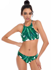 Leafy Crisscross Back Brazilian Halter Bikini Set in Green