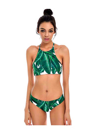 Leafy Crisscross Back Brazilian Halter Bikini Set in Green