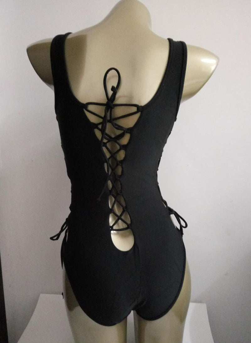 Lace Up V-neck Low Back One Piece Monokini in Black