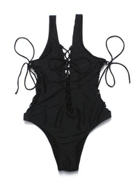 Lace Up V-neck Low Back One Piece Monokini in Black