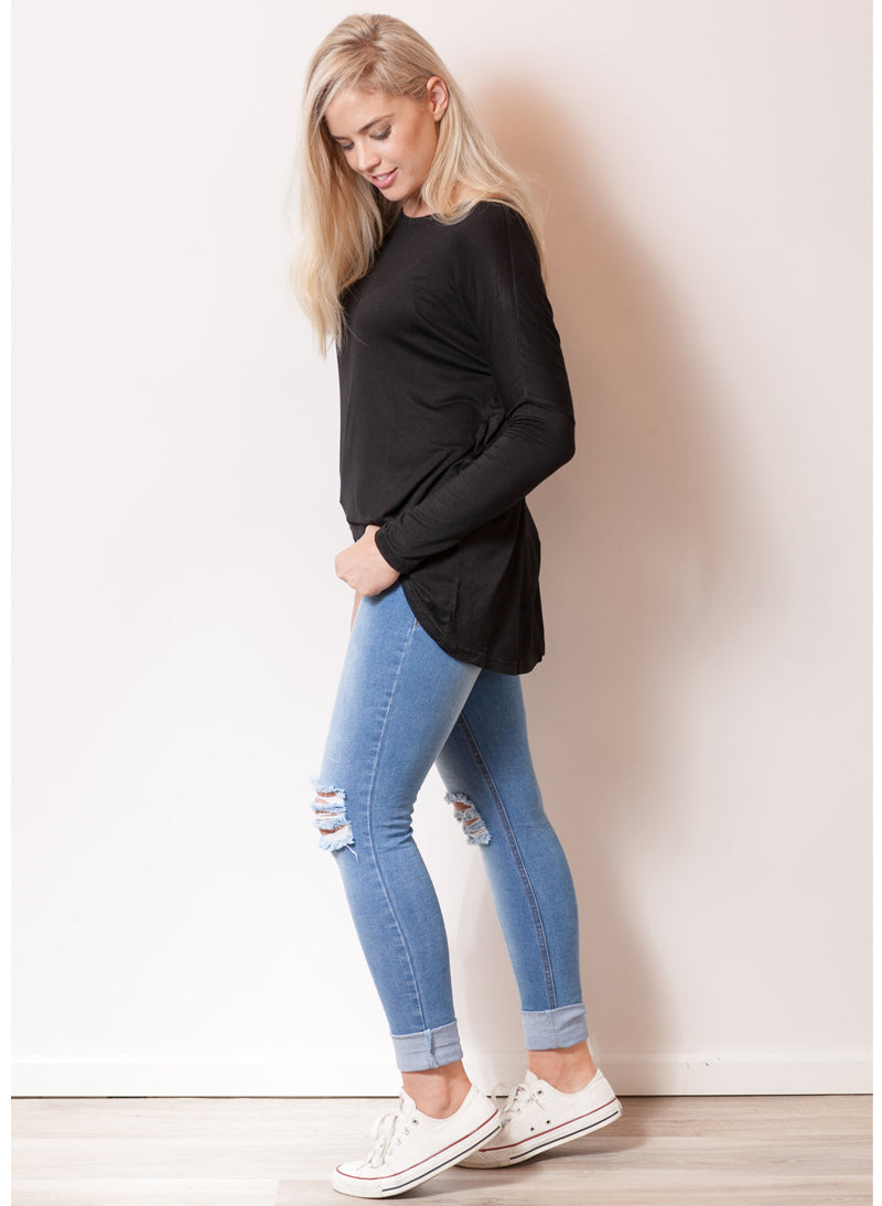 Slouchy Long Sleeve Cotton Jersey Hi-low T-shirt