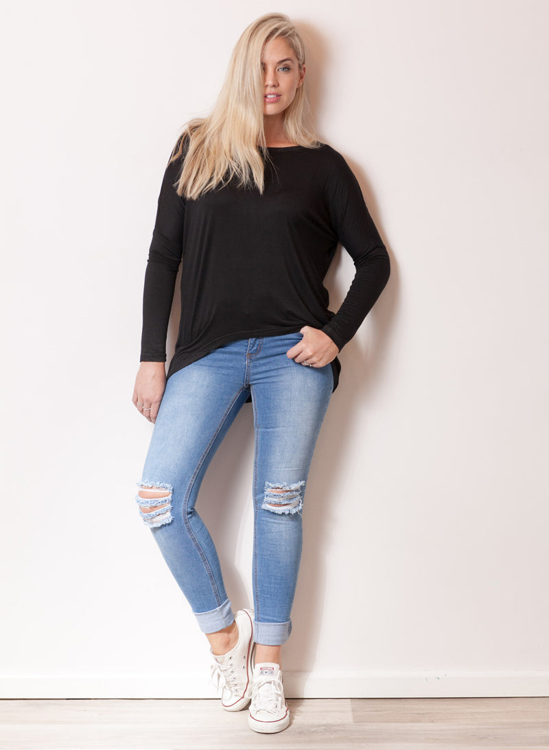 Slouchy Long Sleeve Cotton Jersey Hi-low T-shirt