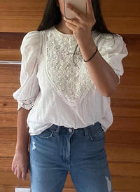 Puffy Sleeve Embroidered Pure Cotton Top in White