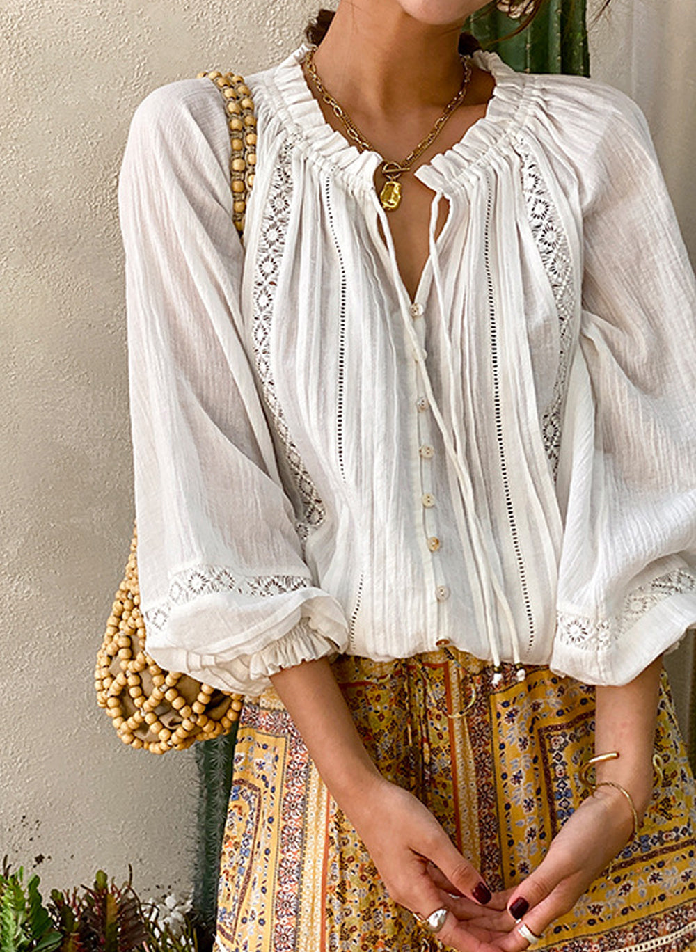 Boho Ruffled Collar Embroidered Pure Cotton Peasant Blouse in Off White