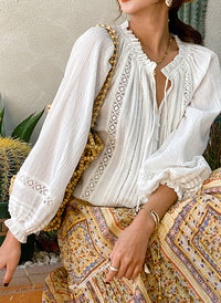 Boho Ruffled Collar Embroidered Pure Cotton Peasant Blouse in Off White