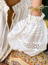 Boho Ruffled Collar Embroidered Pure Cotton Peasant Blouse in Off White