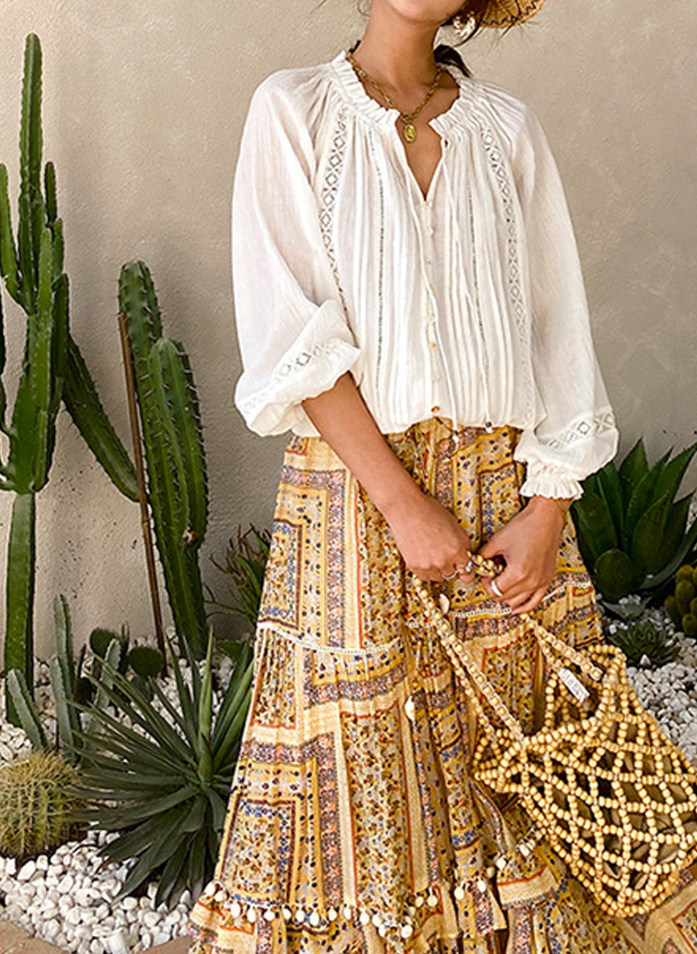 Boho Ruffled Collar Embroidered Pure Cotton Peasant Blouse in Off White