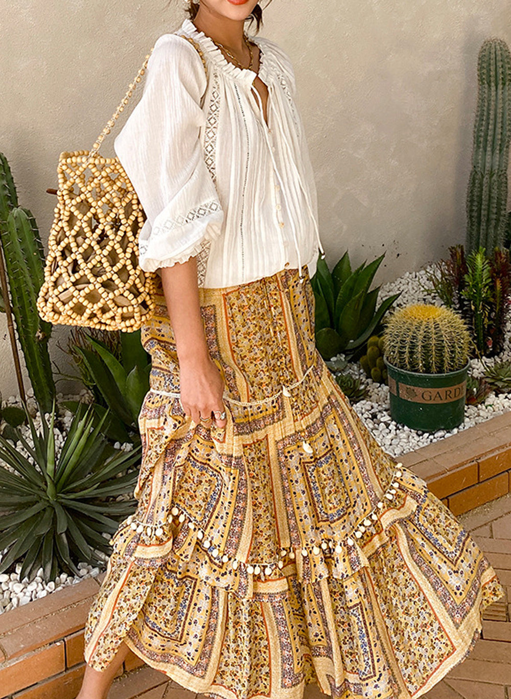 Boho Ruffled Collar Embroidered Pure Cotton Peasant Blouse in Off White