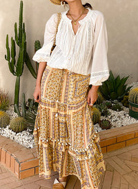 Boho Ruffled Collar Embroidered Pure Cotton Peasant Blouse in Off White