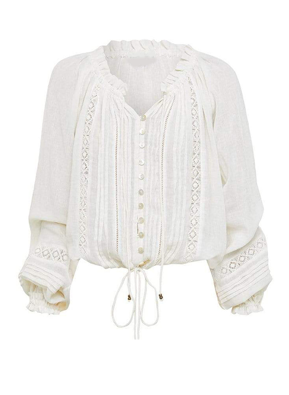 Boho Ruffled Collar Embroidered Pure Cotton Peasant Blouse in Off White