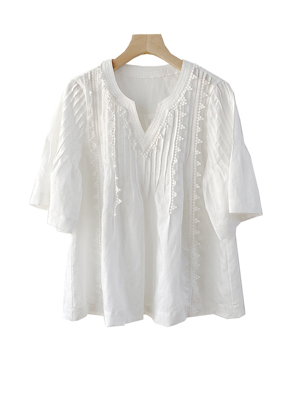 Pure Cotton V-neck Pintuck Pleats Flared Short Sleeve White Top