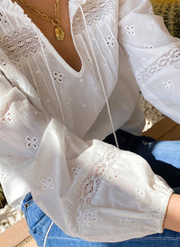 Ruffle Tassel Drawstring-neck Floral Embroidered White Blouse