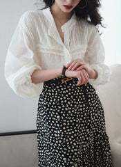 Mandarin Collar Lace Insert Puff-Sleeve Cotton White Shirt