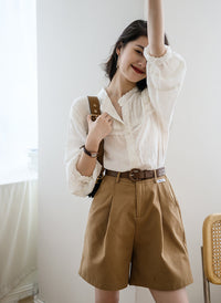 Mandarin Collar Lace Insert Puff-Sleeve Cotton White Shirt