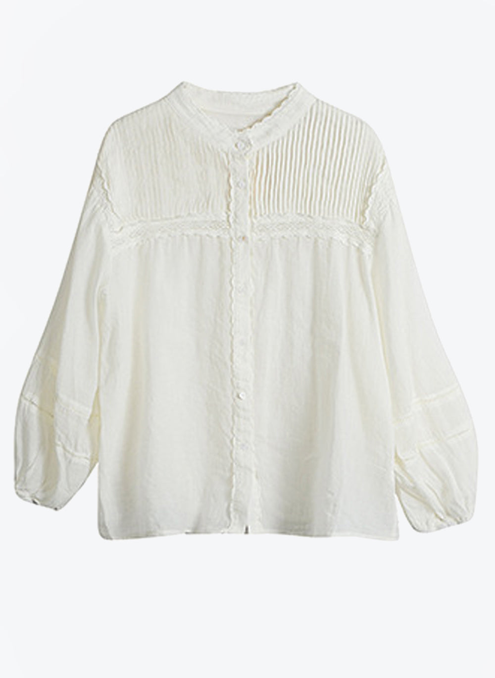 Mandarin Collar Lace Insert Puff-Sleeve Cotton White Shirt