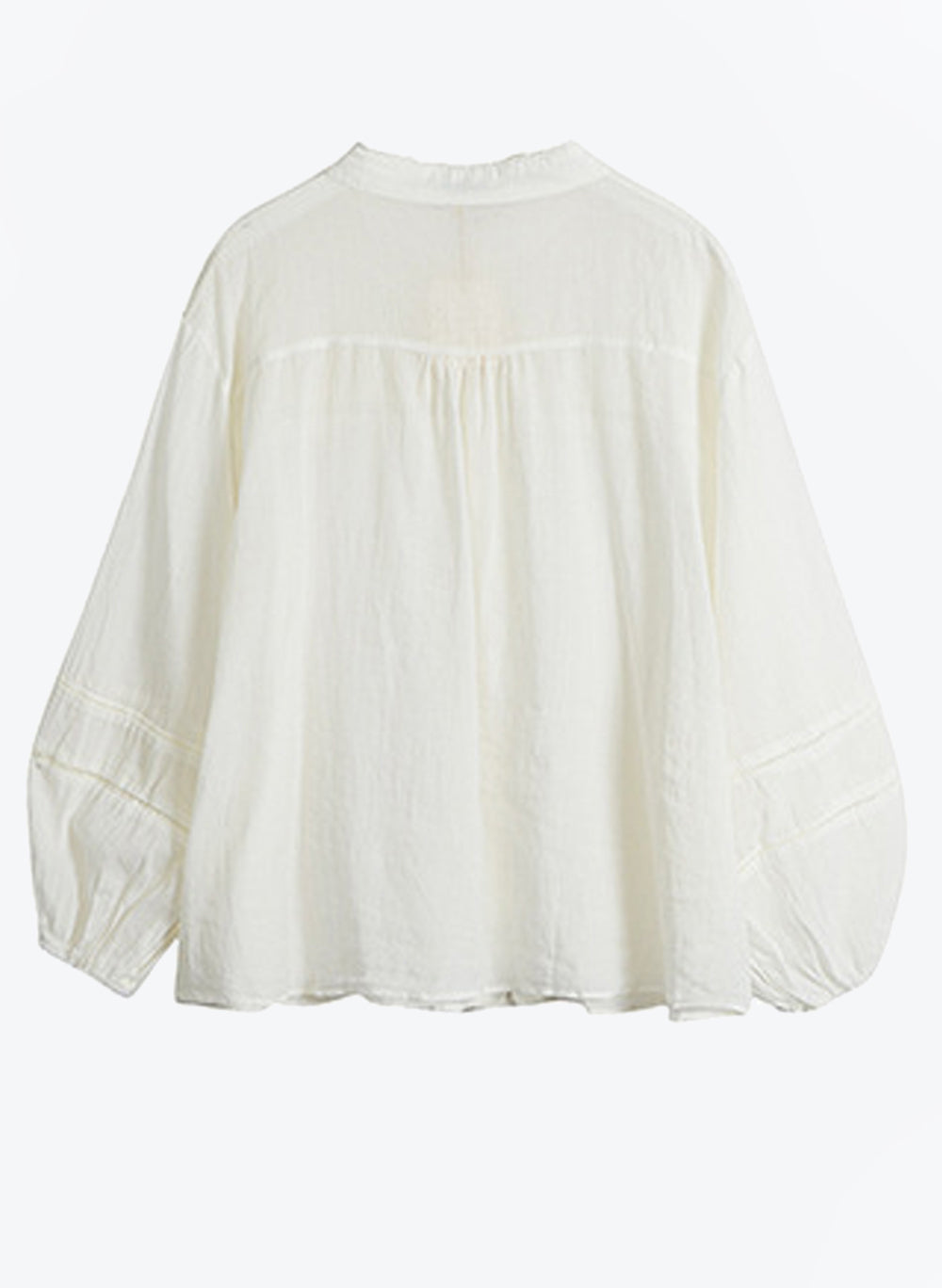 Mandarin Collar Lace Insert Puff-Sleeve Cotton White Shirt