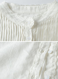 Mandarin Collar Lace Insert Puff-Sleeve Cotton White Shirt