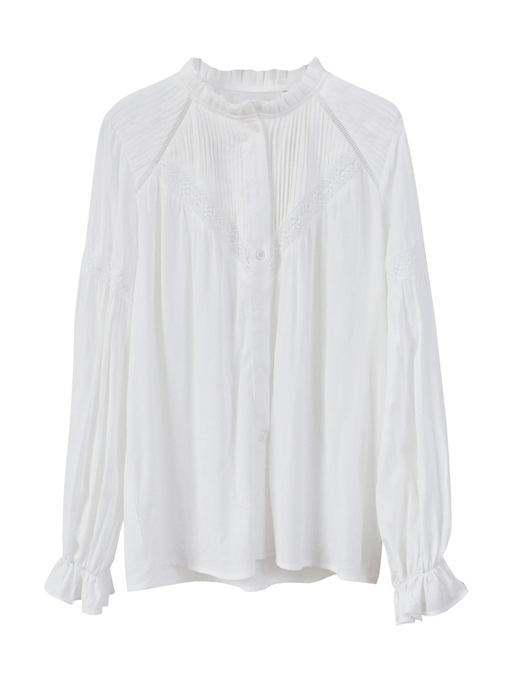 Ruffle High-neck Long Sleeve Lace Insert Tuck White Blouse