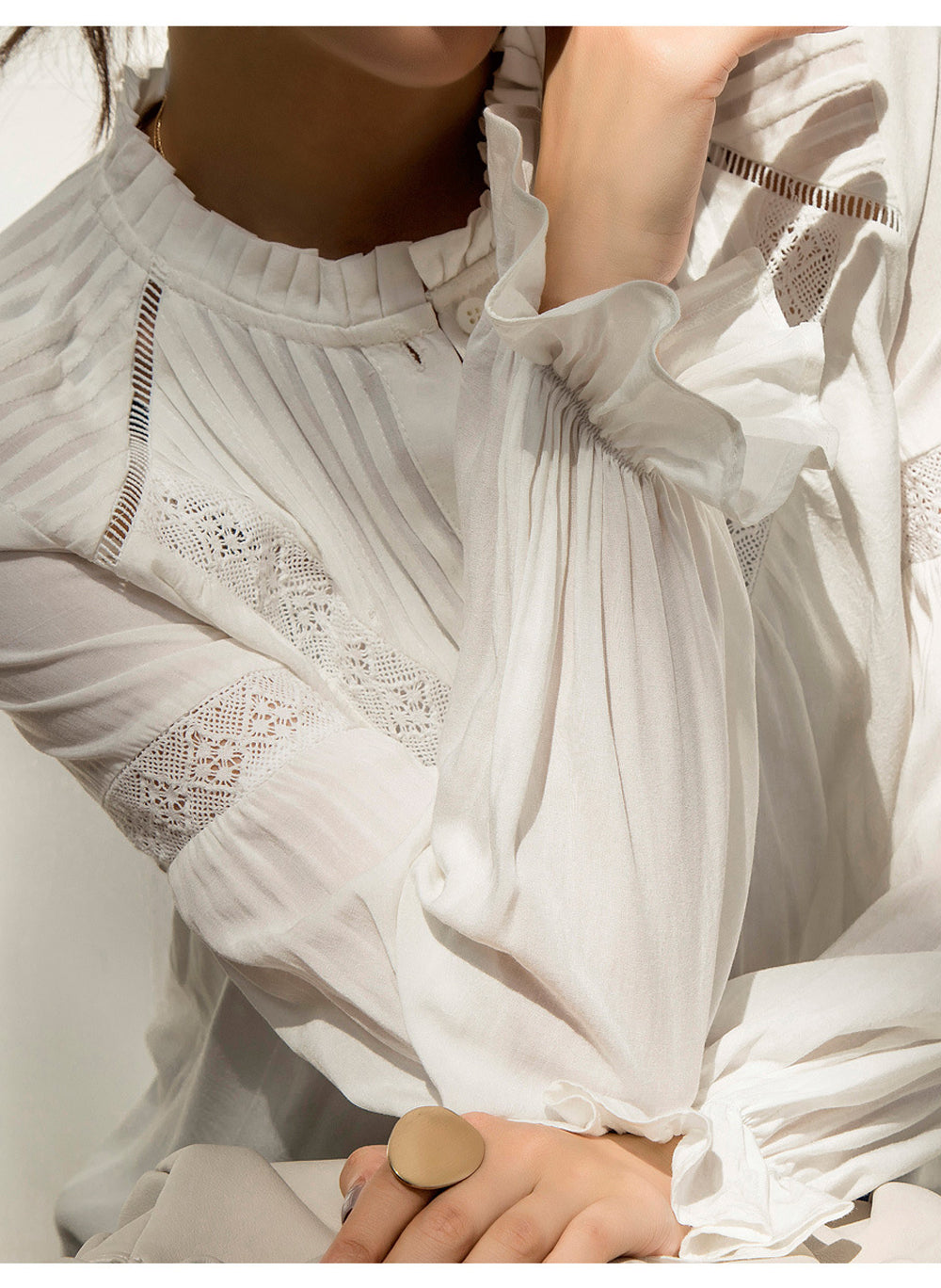 Ruffle High-neck Long Sleeve Lace Insert Tuck White Blouse