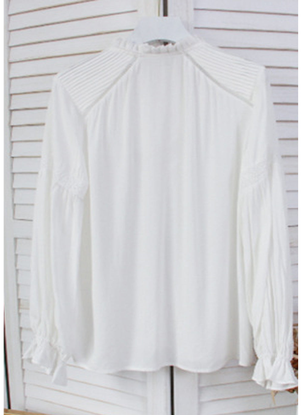 Ruffle High-neck Long Sleeve Lace Insert Tuck White Blouse