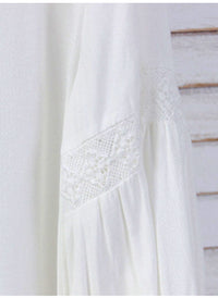 Ruffle High-neck Long Sleeve Lace Insert Tuck White Blouse