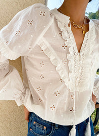 Crochet Lace Trim Embroidered Eyelet Pure Cotton White Blouse