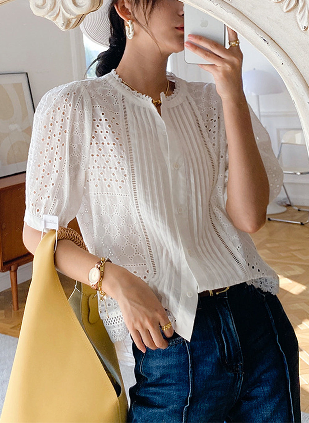 Bubble Short Sleeve Cotton Eyelet Pintuck Blouse in white