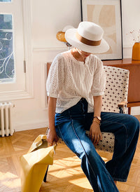 Bubble Short Sleeve Cotton Eyelet Pintuck Blouse in white