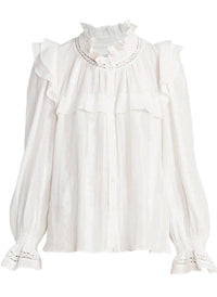 Retro High Neck Long Sleeve Ruffle Cotton Blouse in White