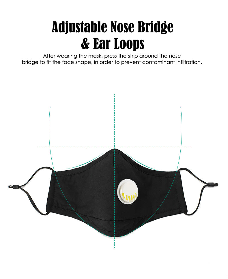 Ear Loop Reusable Cotton Mask with Valve & 2 x Carbon PM2.5 Filters