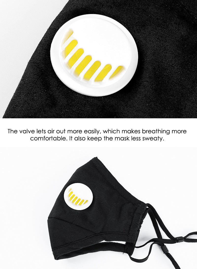 Ear Loop Reusable Cotton Mask with Valve & 2 x Carbon PM2.5 Filters